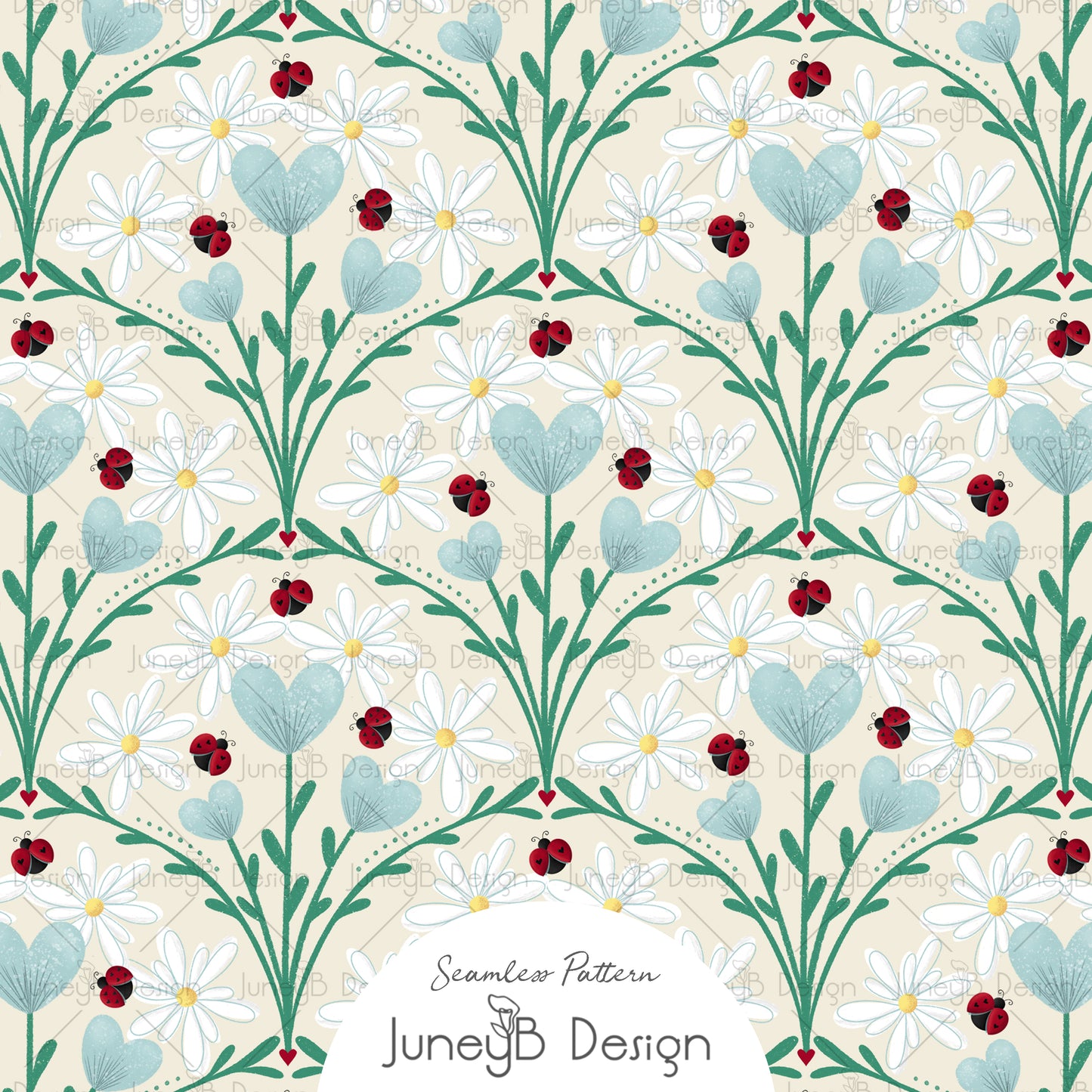 Seamless pattern of red ladybugs, white daisies, and heart-shaped blue-green leaves forming garden arches on beige background.