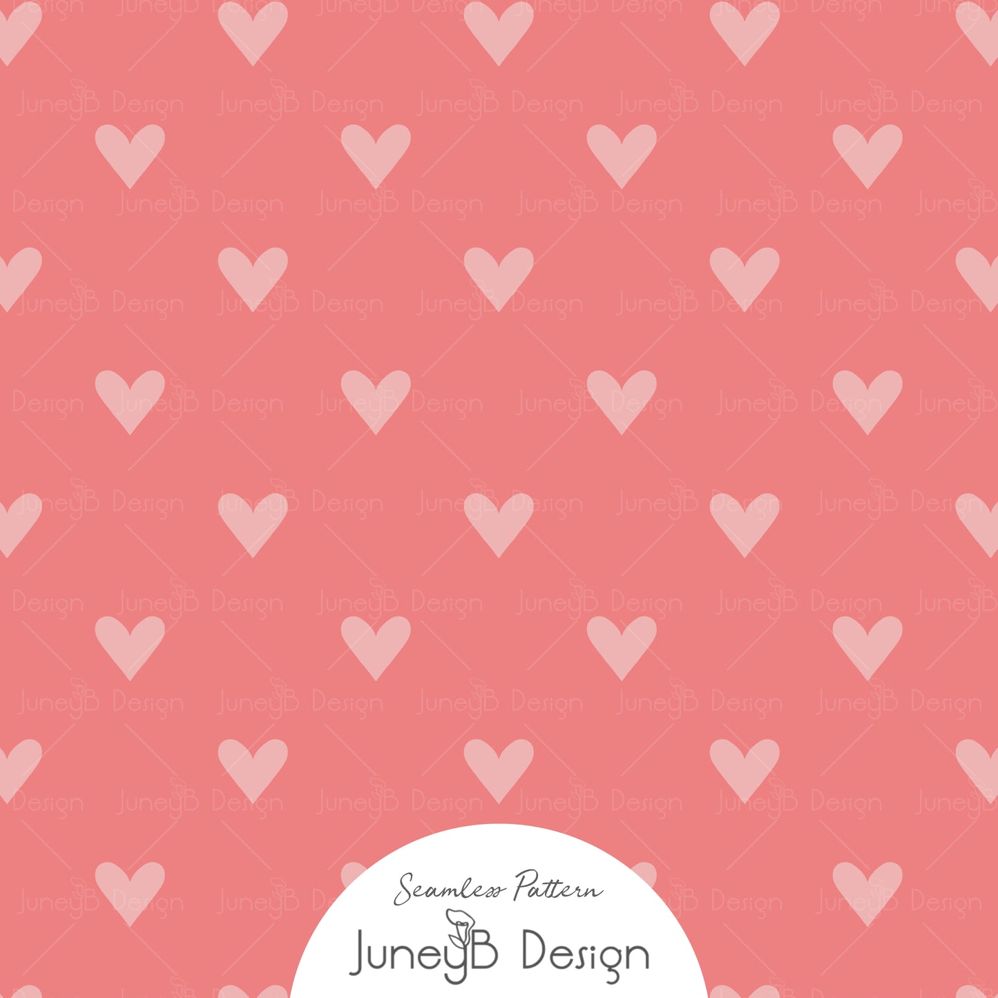 Pink hearts seamless pattern on coral background, Valentine’s Day fabric design.