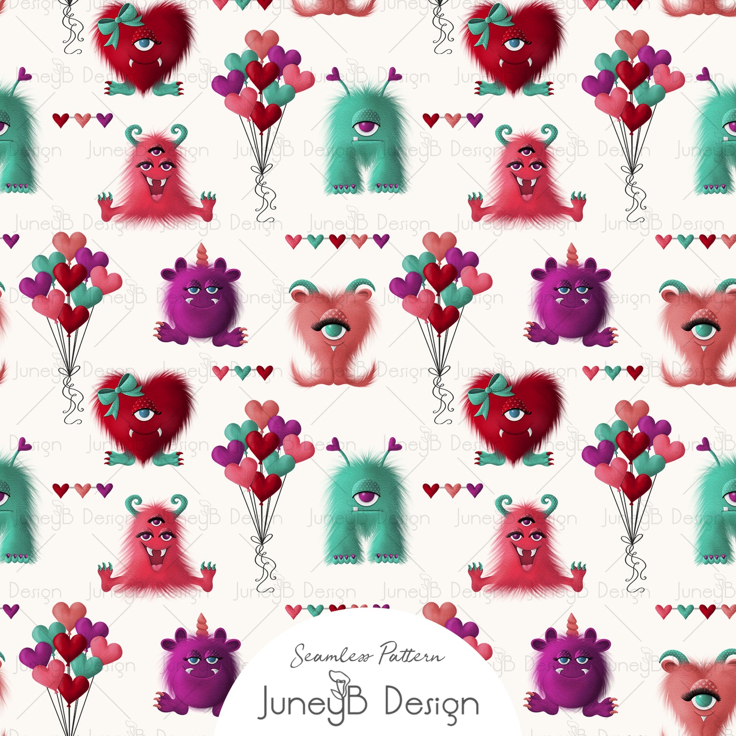 Valentine’s Day monster seamless pattern with cute furry creatures, heart balloons, and scattered hearts in red, pink, teal, and purple on cream background.