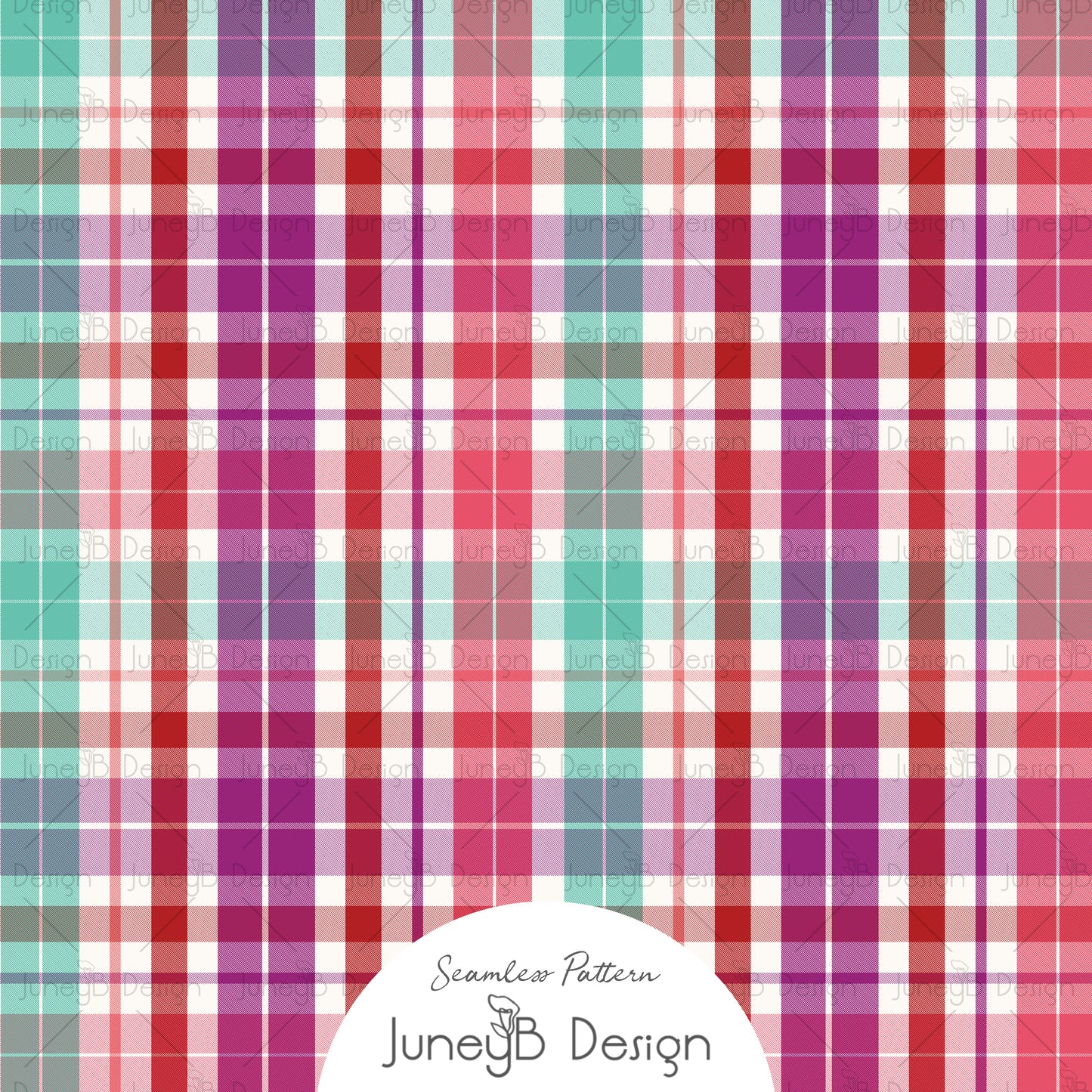 Valentine’s Day plaid seamless pattern with hand-drawn tartan checks in red, pink, purple, and teal on a crisp white background for fabric and textile design.