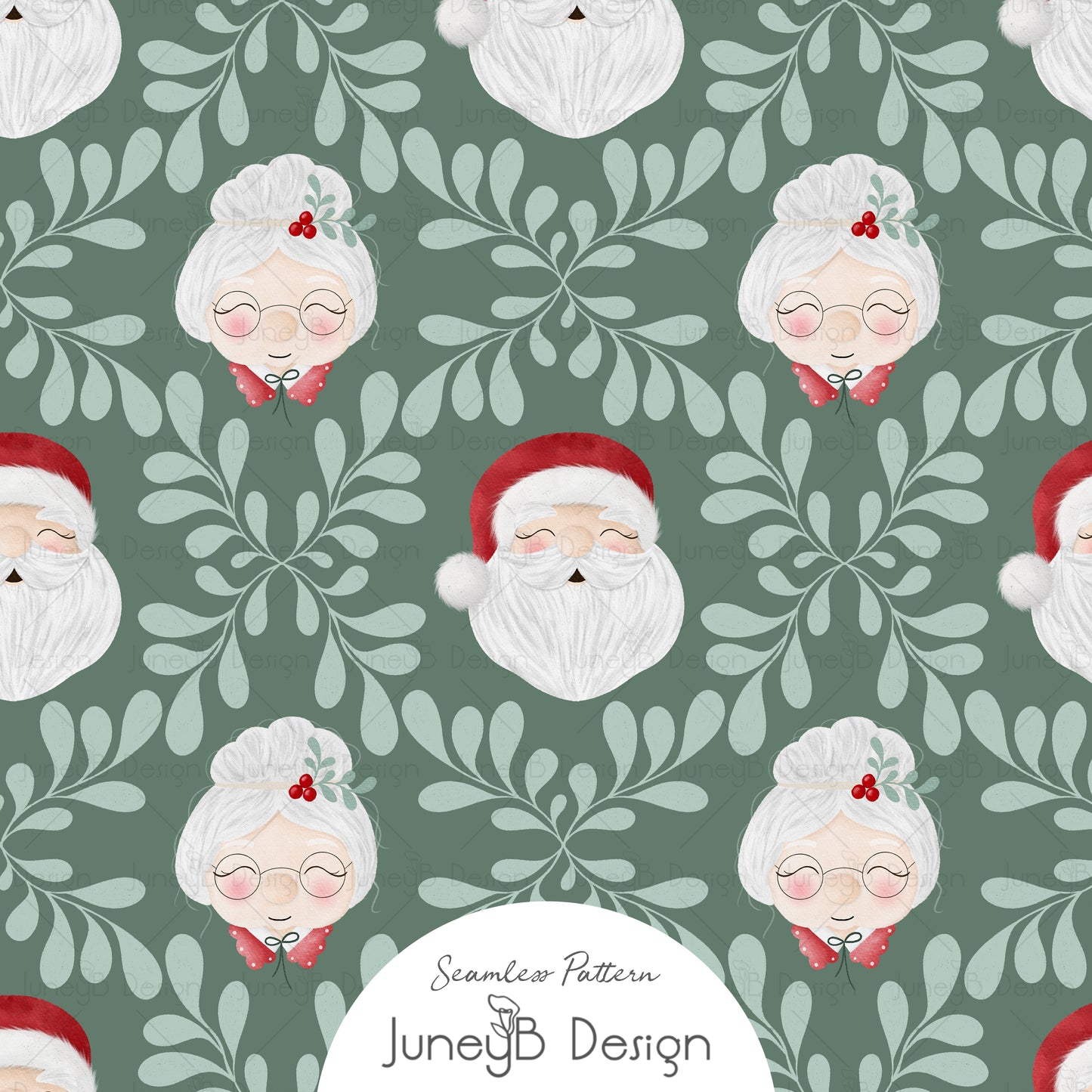 Mr. & Mrs. Claus seamless pattern with Santa, Mrs. Claus, and leafy motifs on green background.