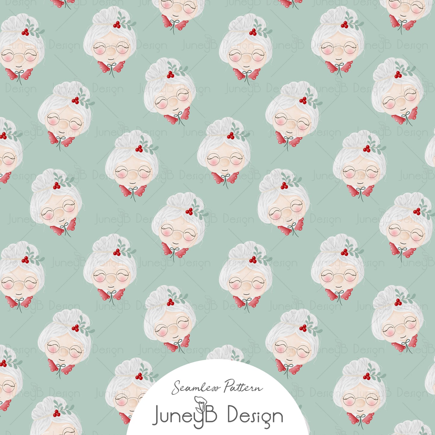 Whimsical Mrs. Claus seamless pattern on mint green background for Christmas fabric design.