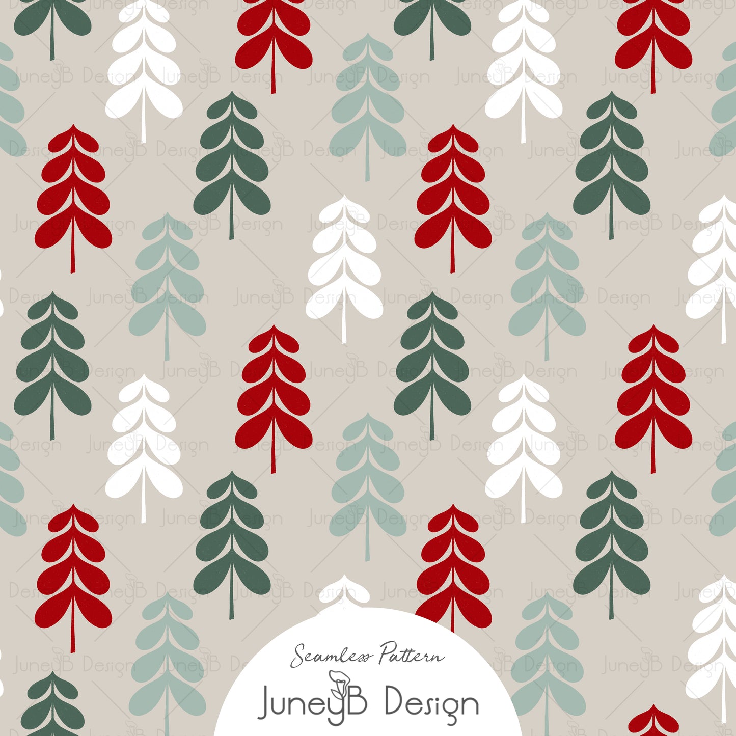 Stylized Christmas tree seamless pattern in red, green, mint, and white on stone taupe background.