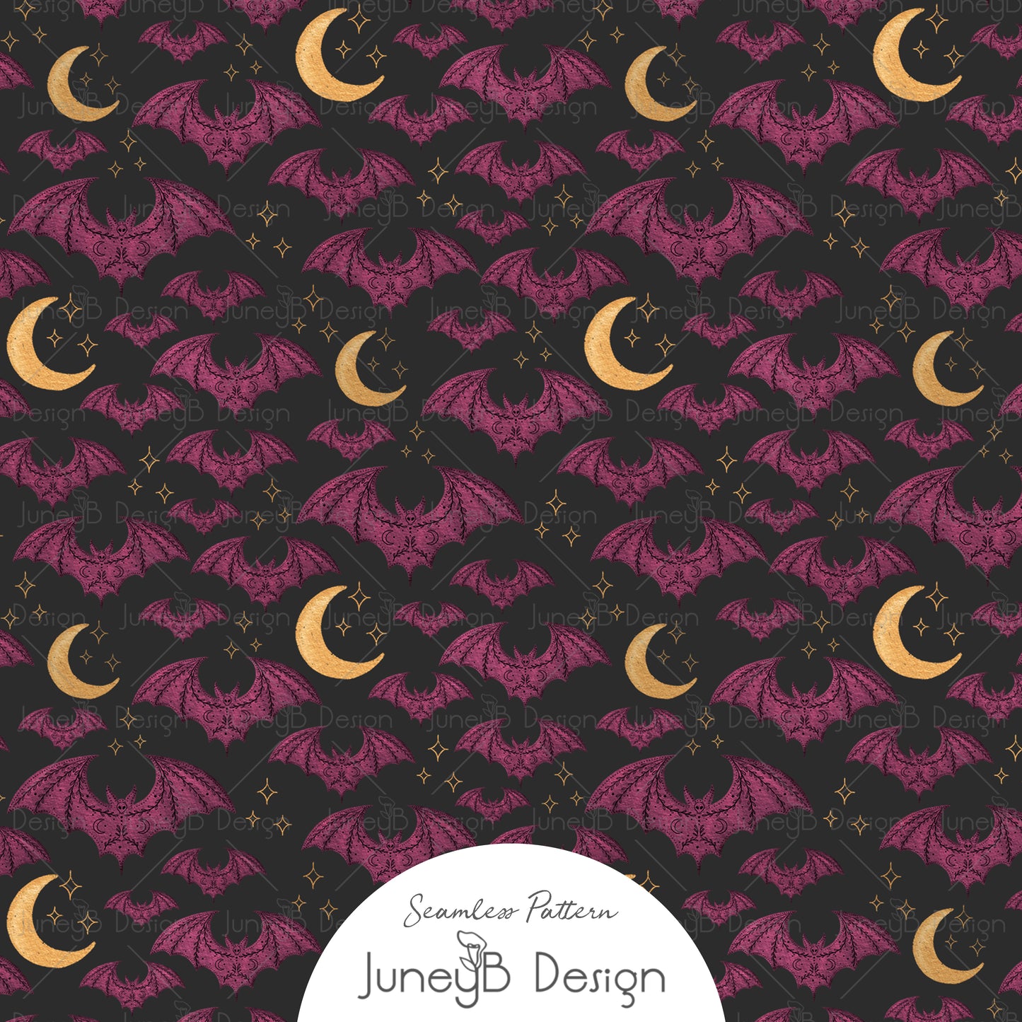 Halloween bat seamless pattern with purple bats, golden crescent moons, and stars on a black background.