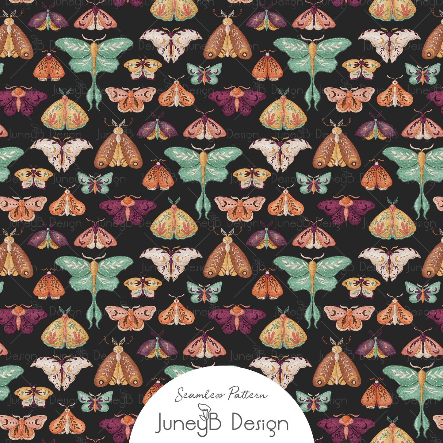 Halloween moth seamless pattern with hand-drawn moths and butterflies in earthy browns, mint green, peach, and plum scattered on a black background.