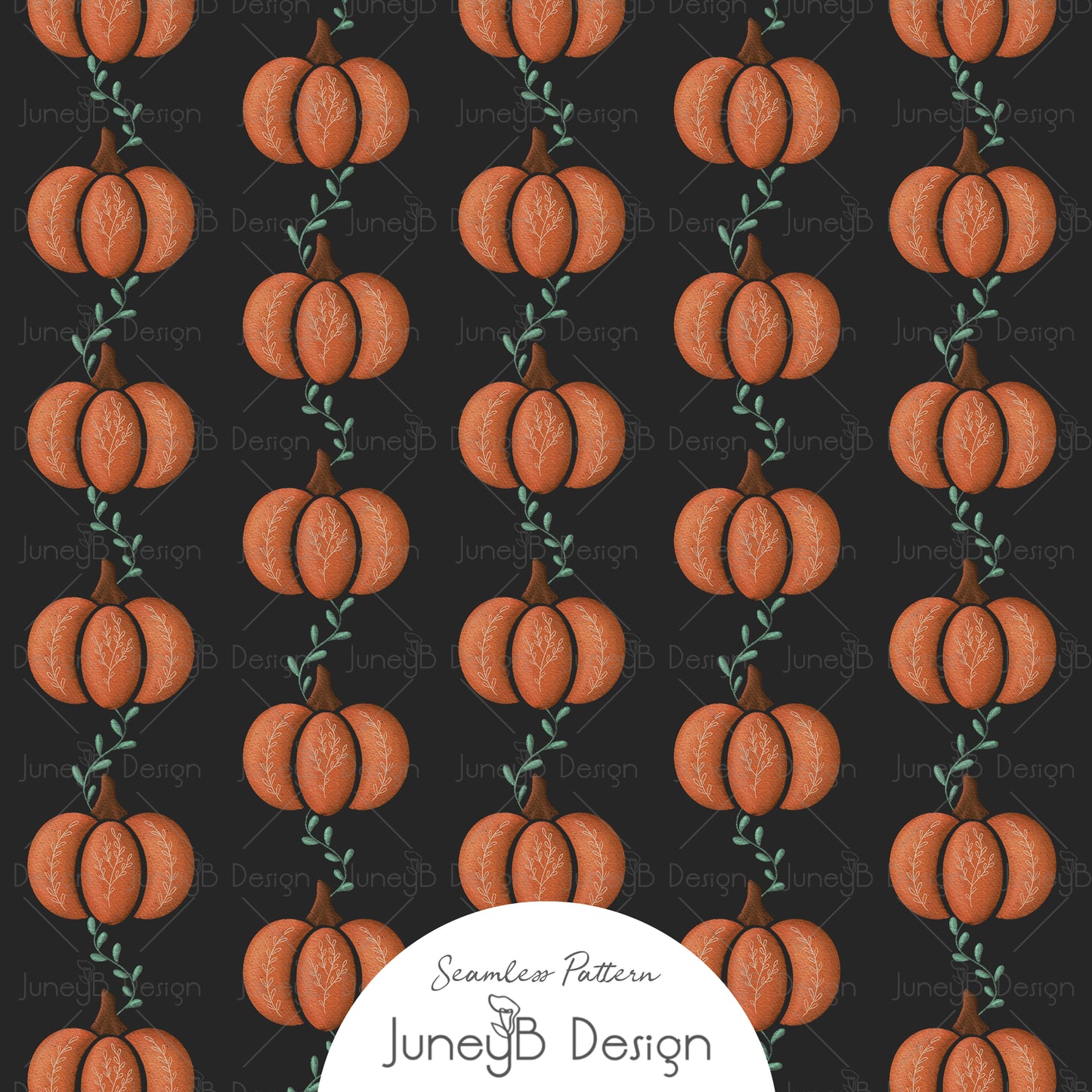 Halloween pumpkin seamless pattern with stacked orange pumpkins and sage-green vines on a black background.