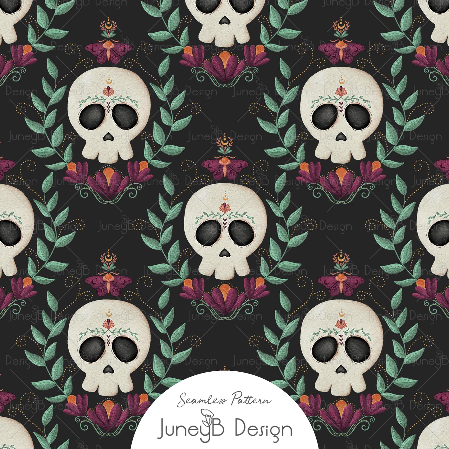 Halloween skull seamless pattern with ivory skulls, floral wreaths, sage leaves, and jewel-toned flowers on a black background.