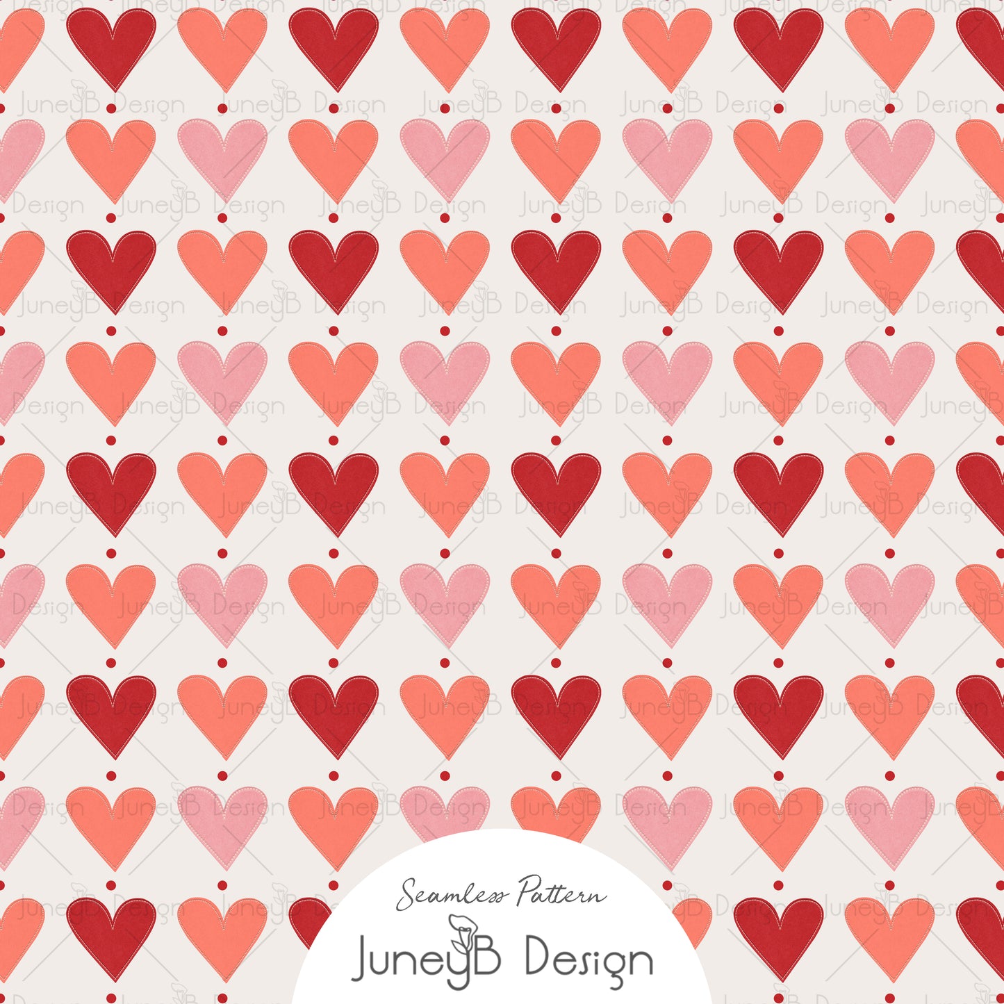 Valentine’s Day seamless pattern with rows of red, pink, and coral hearts accented with dots on a cream background, digital fabric design.