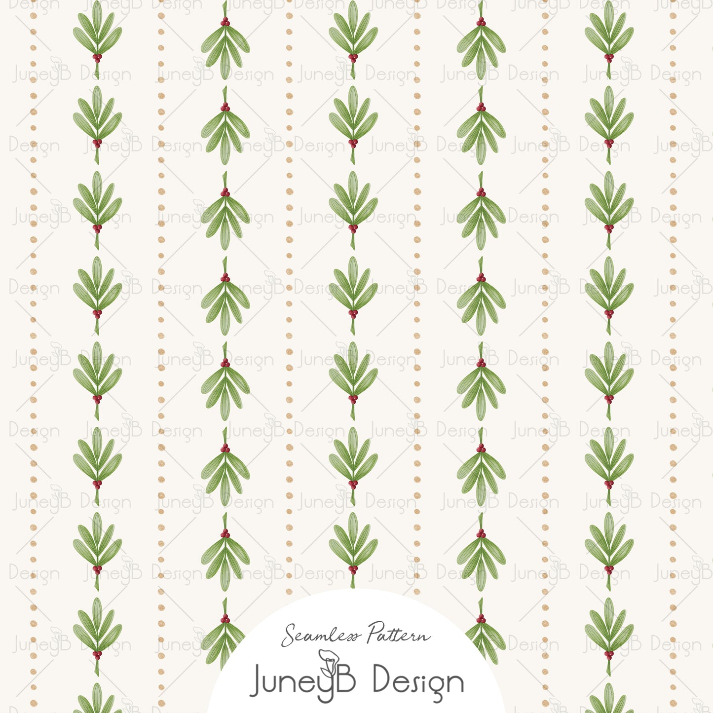 Christmas mistletoe stripe seamless pattern with green leaves and red berries in vertical rows on a cream background with dotted accents.