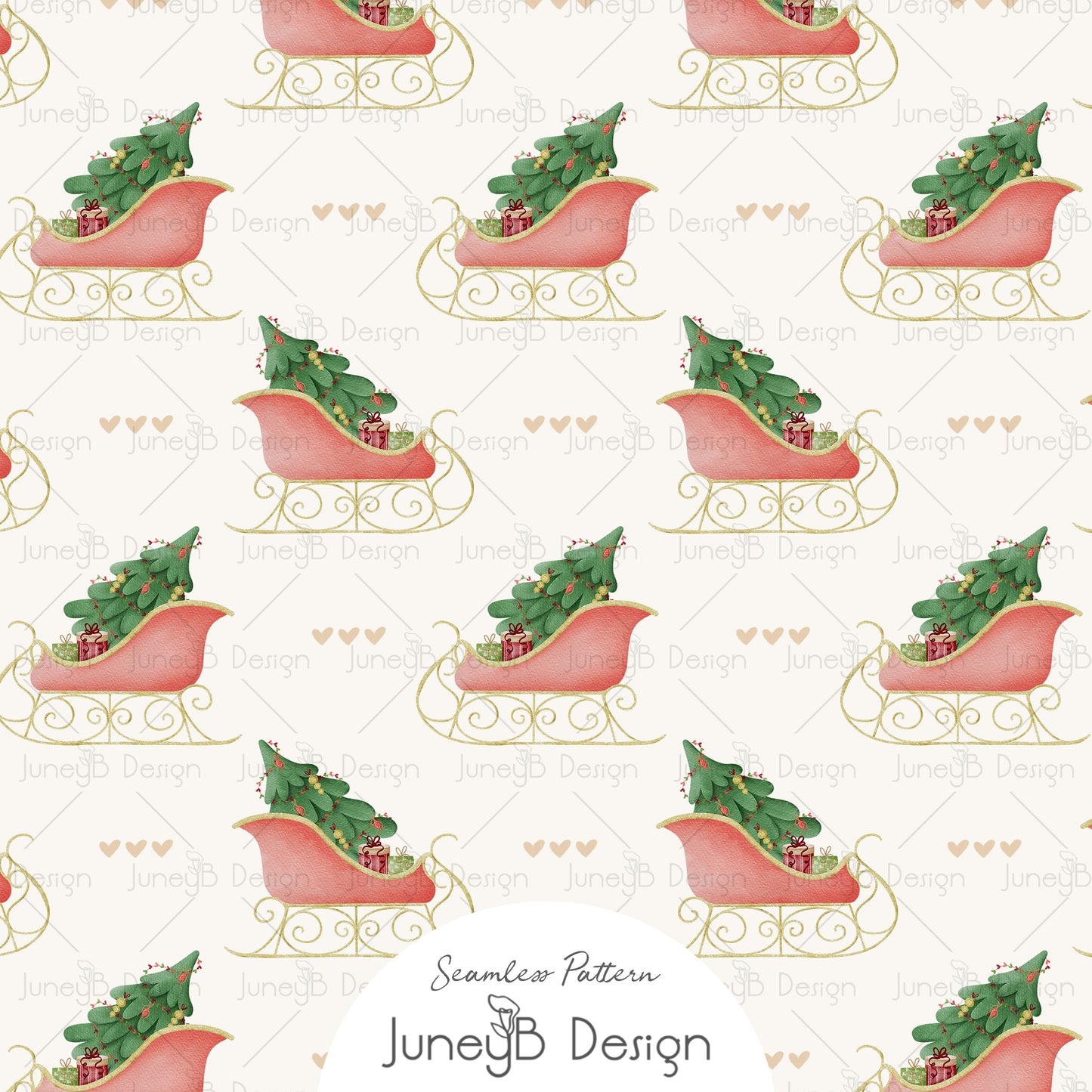Christmas seamless pattern with coral pink sleighs carrying green trees and presents, gold accents, and cream background with subtle hearts.