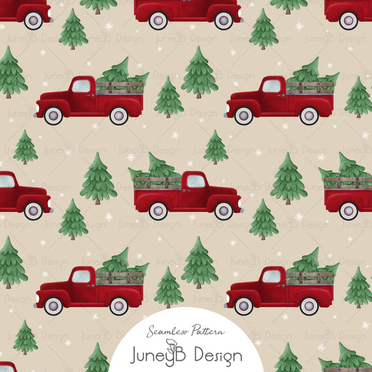 Christmas tree farm seamless pattern with red vintage pickup truck carrying green trees on beige background, hand-painted watercolor holiday fabric design.