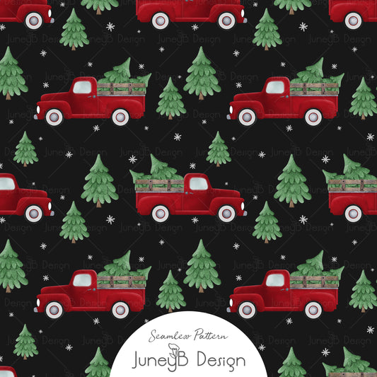 Christmas Tree Farm Truck Seamless Pattern Set Digital Download – Red Vintage Pickup & Plaid Fabric Designs (Black Background)