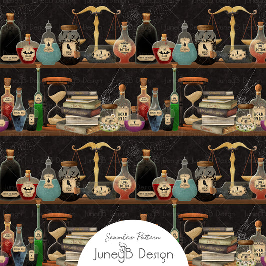 Halloween witches apothecary seamless pattern set with potion bottles, spellbooks, skulls, and spiderwebs on black backgrounds.