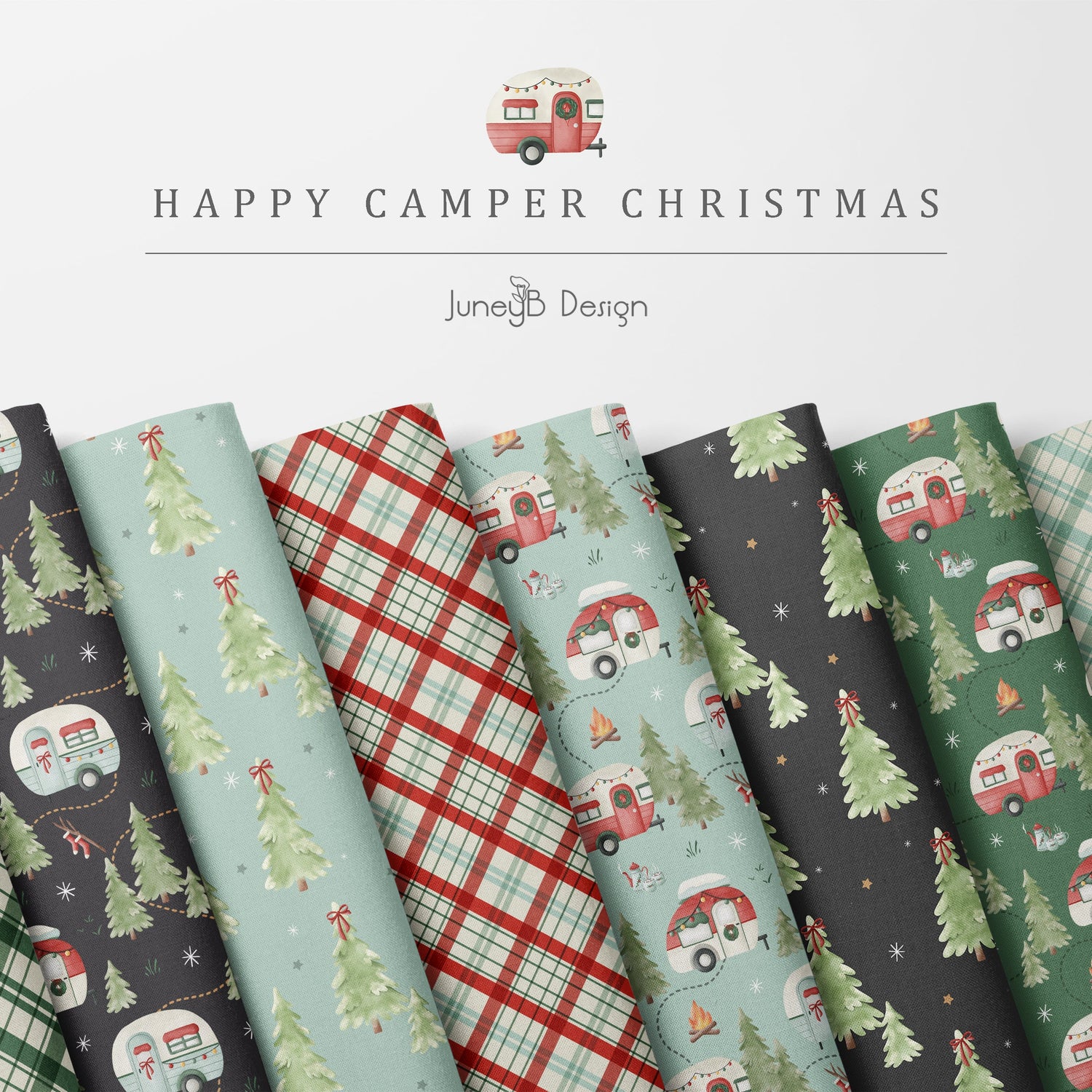 Happy Camper Christmas fabric collection – digital seamless patterns with vintage campers, Christmas trees, and festive plaid designs