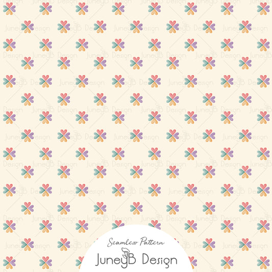 80s mini floral seamless pattern with coral, teal, lavender, and mustard flowers on a cream background.