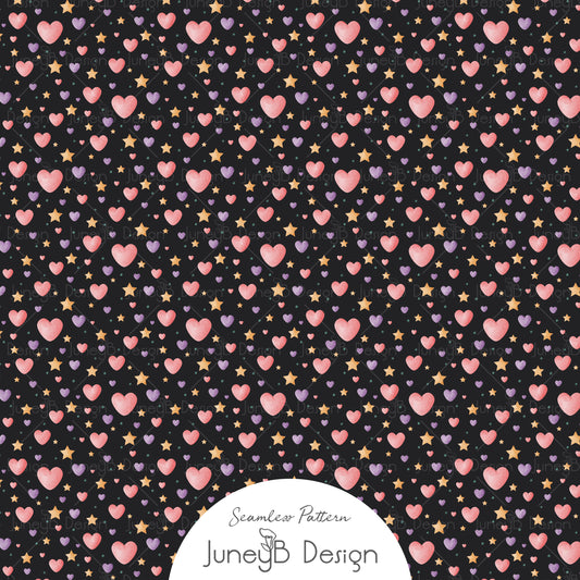 80s heart seamless pattern with pink and lavender hearts and mustard stars on a black background.
