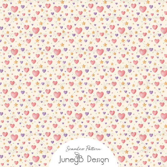 80s heart seamless pattern with pink and lavender hearts and mustard stars on a cream background.