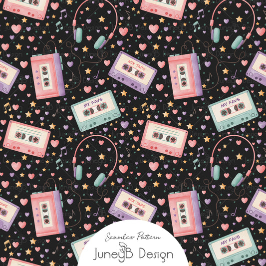 Retro 80s cassette tapes and headphones seamless pattern with pastel watercolor music notes hearts and stars on black background.