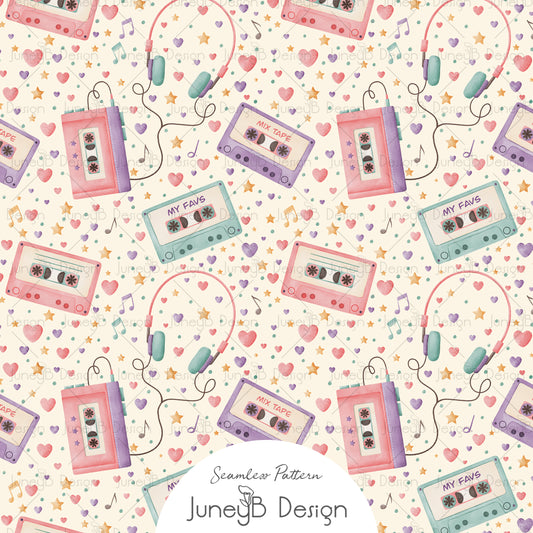 Retro 80s cassette tapes and headphones seamless pattern with pastel watercolor music notes hearts and stars on beige background.