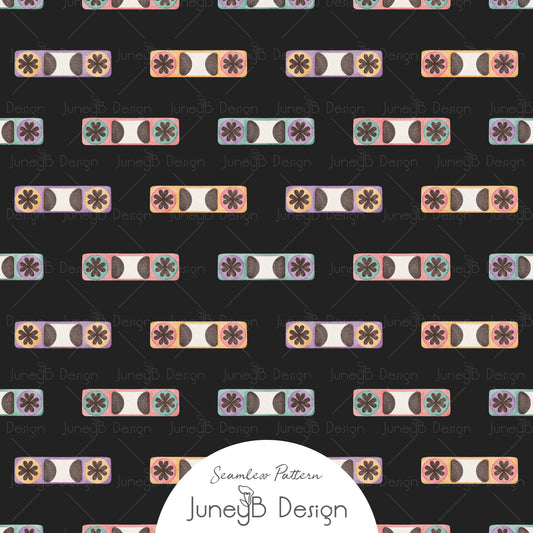Retro cassette tape reel seamless pattern with teal coral lavender and mustard cassette details on black background.