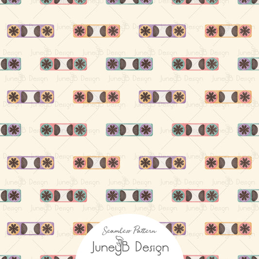 Retro 80s cassette tape window seamless pattern with pastel watercolor cassette reel details on beige background.