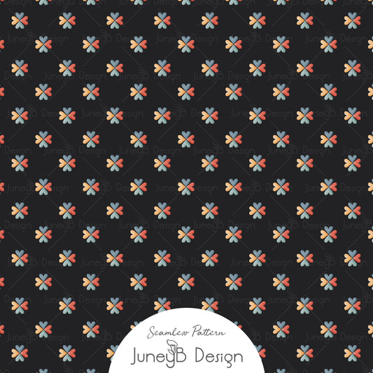 Retro heart clover flower seamless pattern with teal coral and mustard watercolor petals on black background.