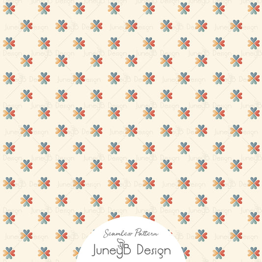80s mini floral seamless pattern with blue, teal, coral and mustard flowers on a cream background.