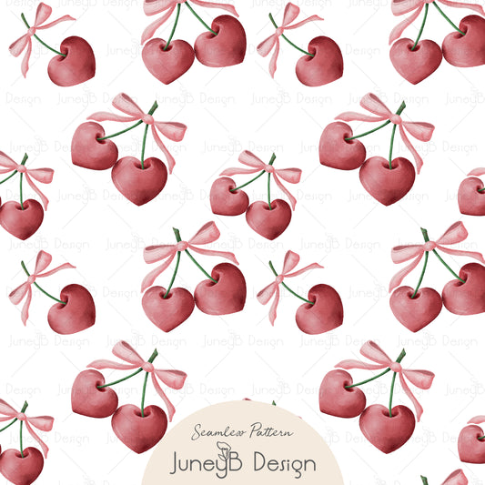 Heart-shaped cherry seamless pattern with pink watercolor cherries and bows on a white background.