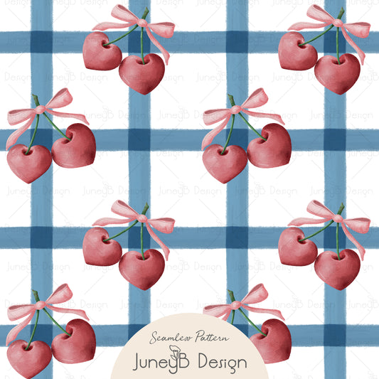 Heart-shaped cherry seamless pattern with pink watercolor cherries and bows over a blue plaid background.