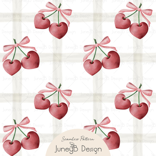 Heart-shaped cherry seamless pattern with pink watercolor cherries and bows over a beige plaid background.