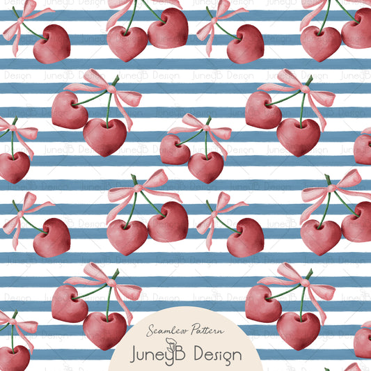 Heart-shaped cherry seamless pattern with red watercolor cherries and bows on blue horizontal stripe background.