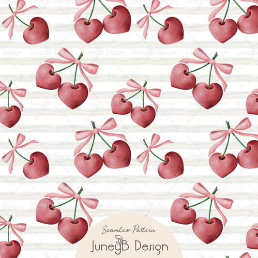 Heart-shaped cherry seamless pattern with pink watercolor cherries and bows on beige horizontal stripe background.