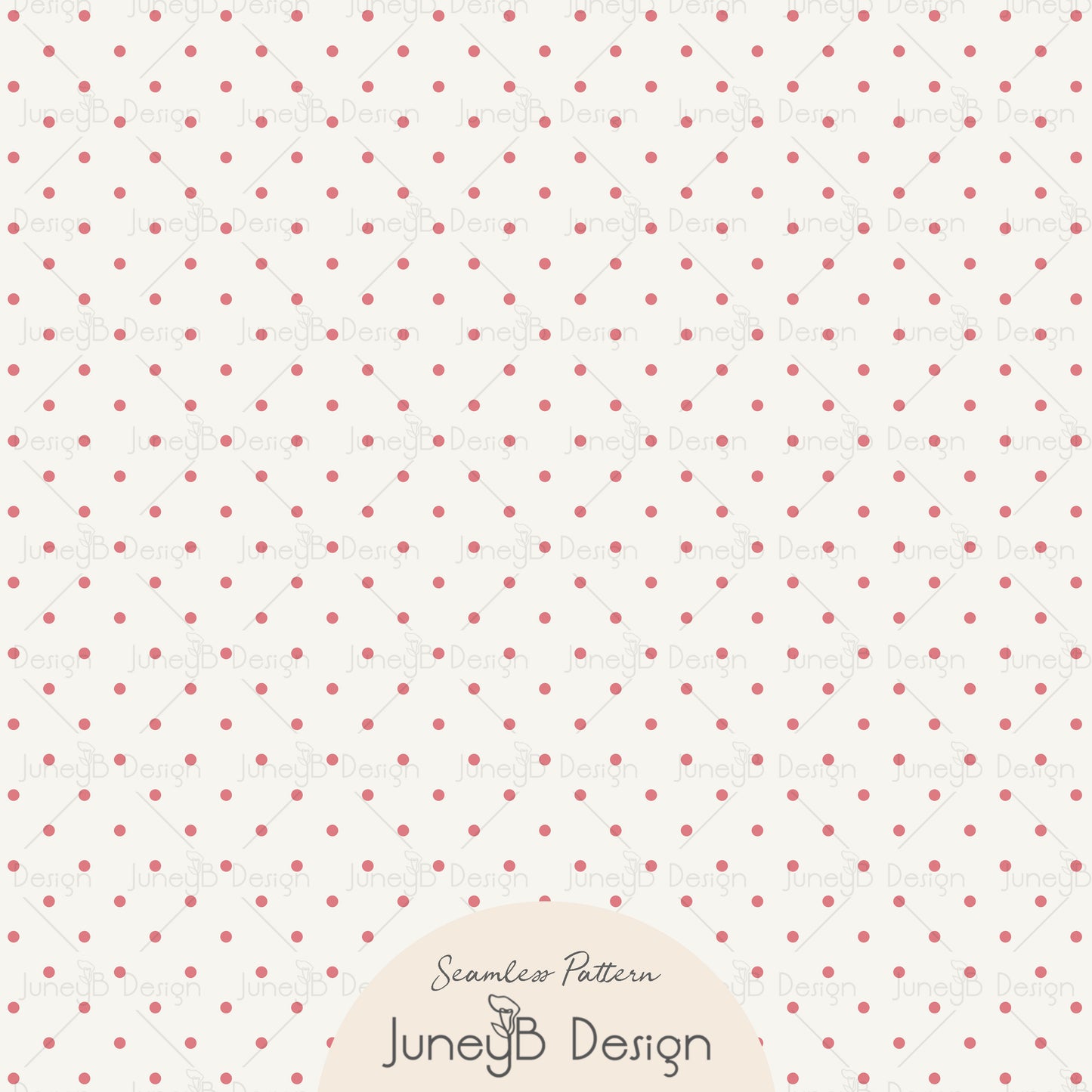 Pattern of small red polka dots on a white background with 'JuneyB Design' branding.