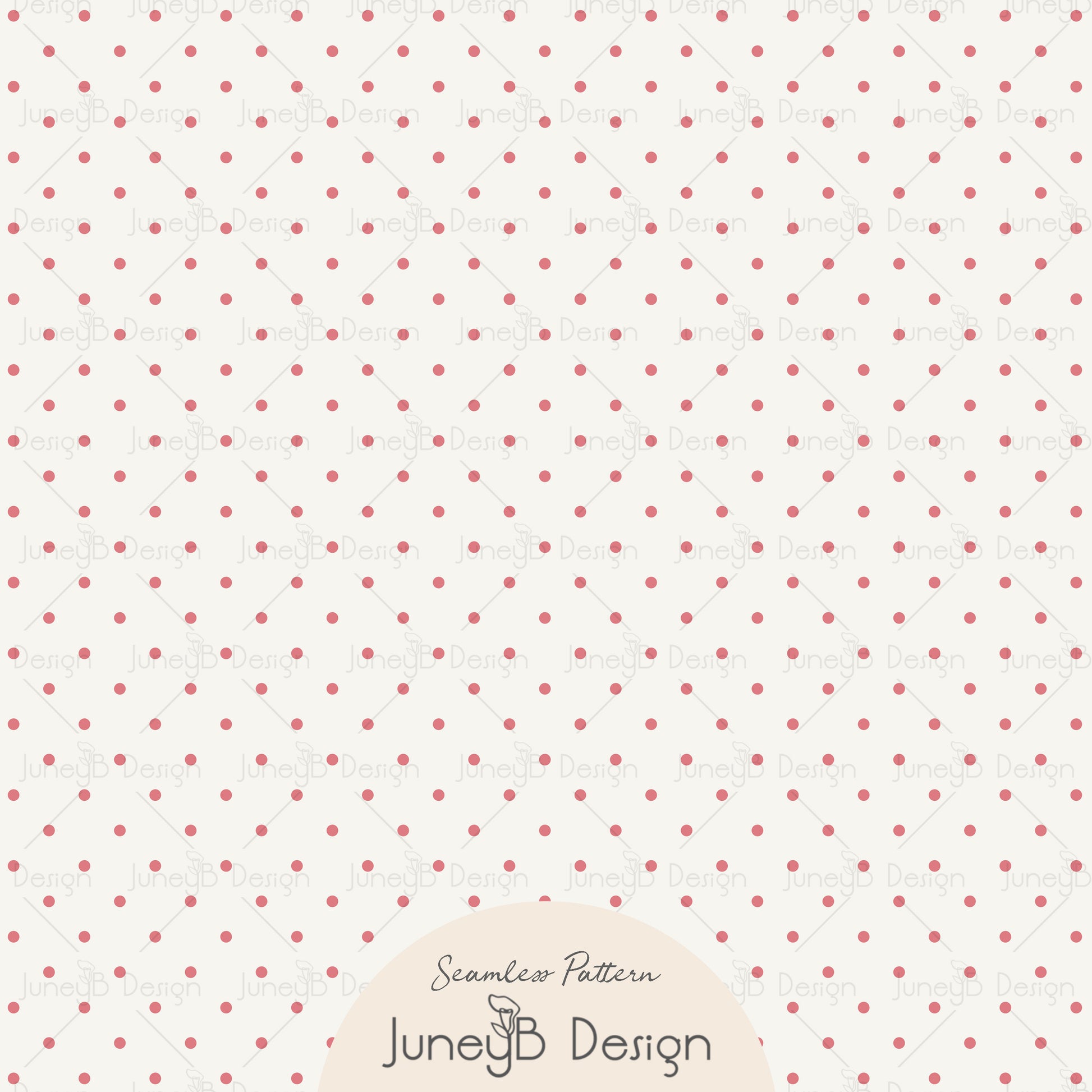 Pattern of small red polka dots on a white background with 'JuneyB Design' branding.
