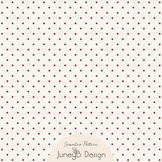 Pattern of red polka dots on a white background with 'JuneyB Design' branding.