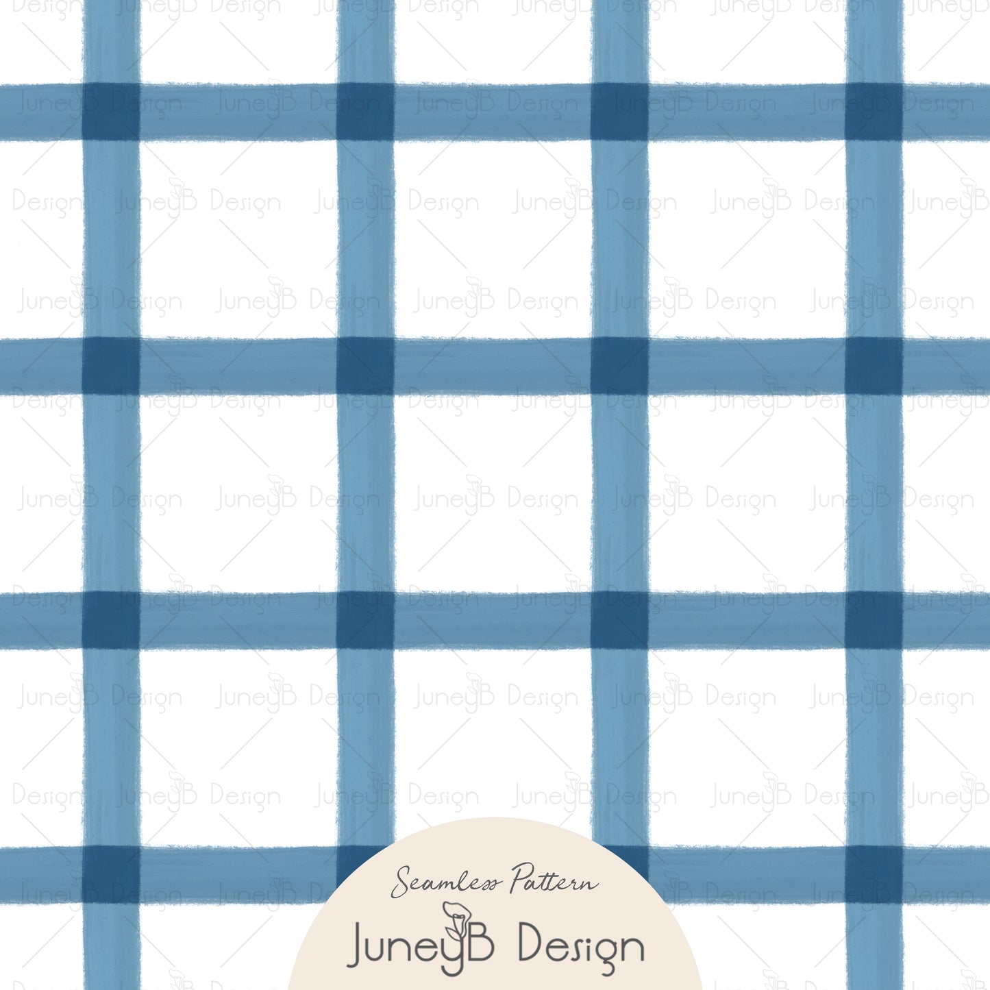 Blue and white plaid pattern with 'JuneyB Design' logo in the corner.