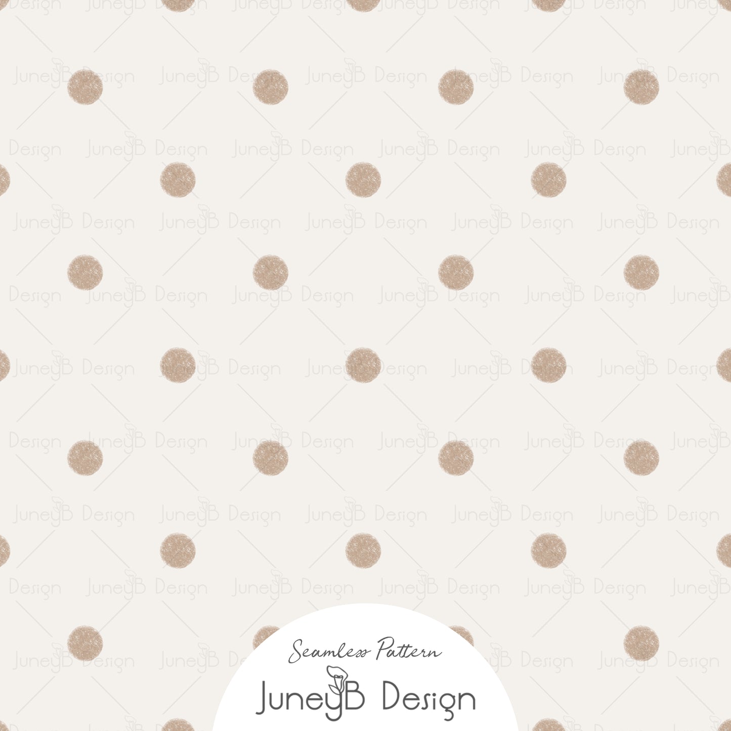 Seamless watercolor polka dot pattern with hand-painted taupe dots on cream background for nursery fabrics and children’s textiles.