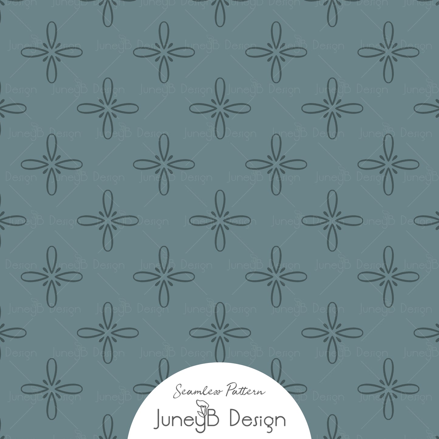 Hand-drawn western bloom seamless pattern in dusty blue with simple floral star motifs.