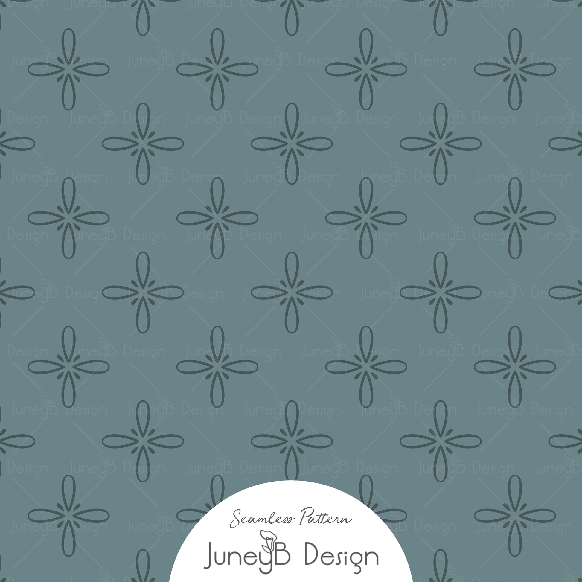 Hand-drawn western bloom seamless pattern in dusty blue with simple floral star motifs.