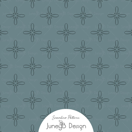 Hand-drawn western bloom seamless pattern in dusty blue with simple floral star motifs.