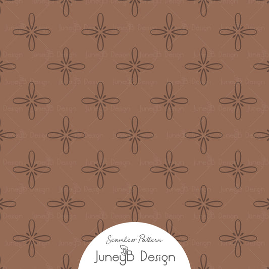 Brown cowgirl seamless pattern with hand drawn desert bloom floral star shapes.