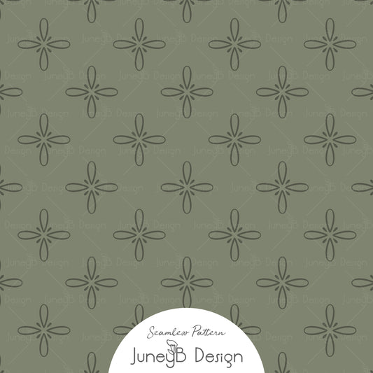 Hand-drawn western olive sage seamless pattern with simple bloom and floral star motifs.