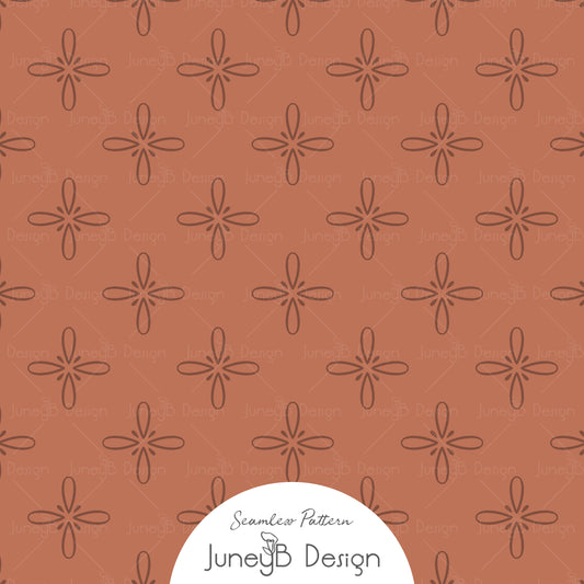 Rust orange cowgirl seamless pattern with hand drawn desert bloom floral stars.