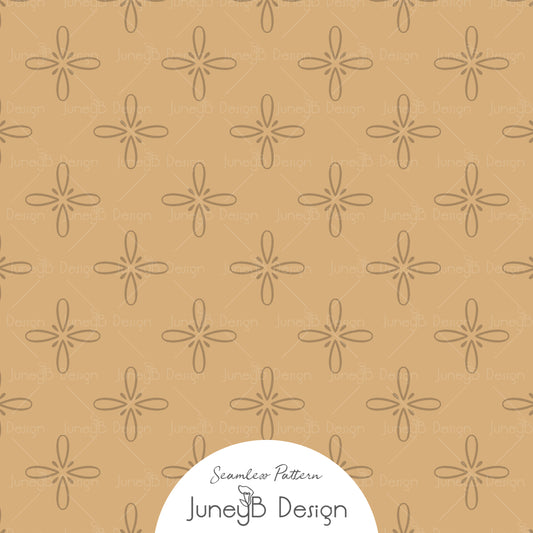 Golden tan western bloom seamless pattern with hand-drawn floral star motif design.