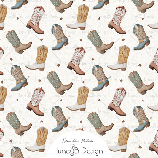 Watercolor cowboy boots seamless pattern with scattered stars on a cream textured background in tan, blue, and sage tones.