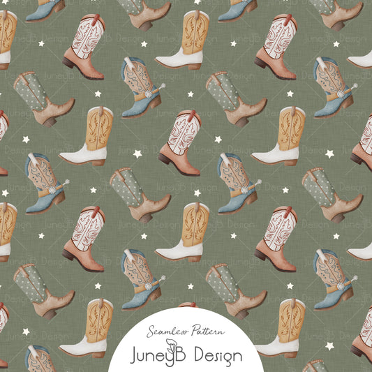 Watercolor cowboy boots seamless pattern with white stars on an olive green textured background in tan, blue, and sage tones.