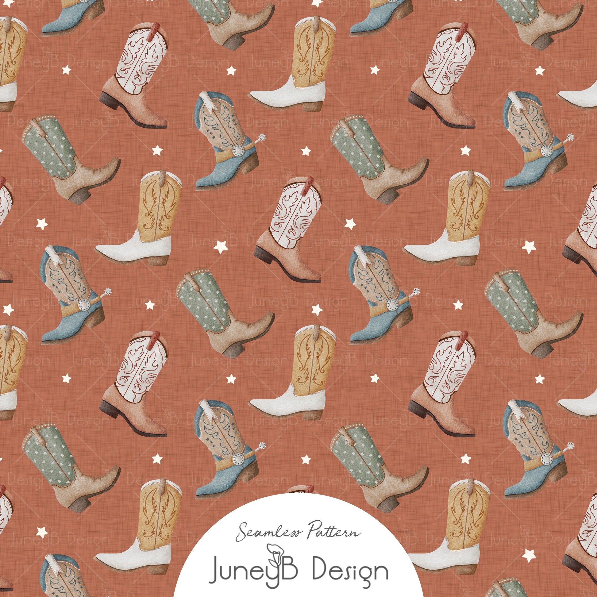 Watercolor cowboy boots seamless pattern with white stars on a rust orange textured background in tan, blue, and sage green tones.