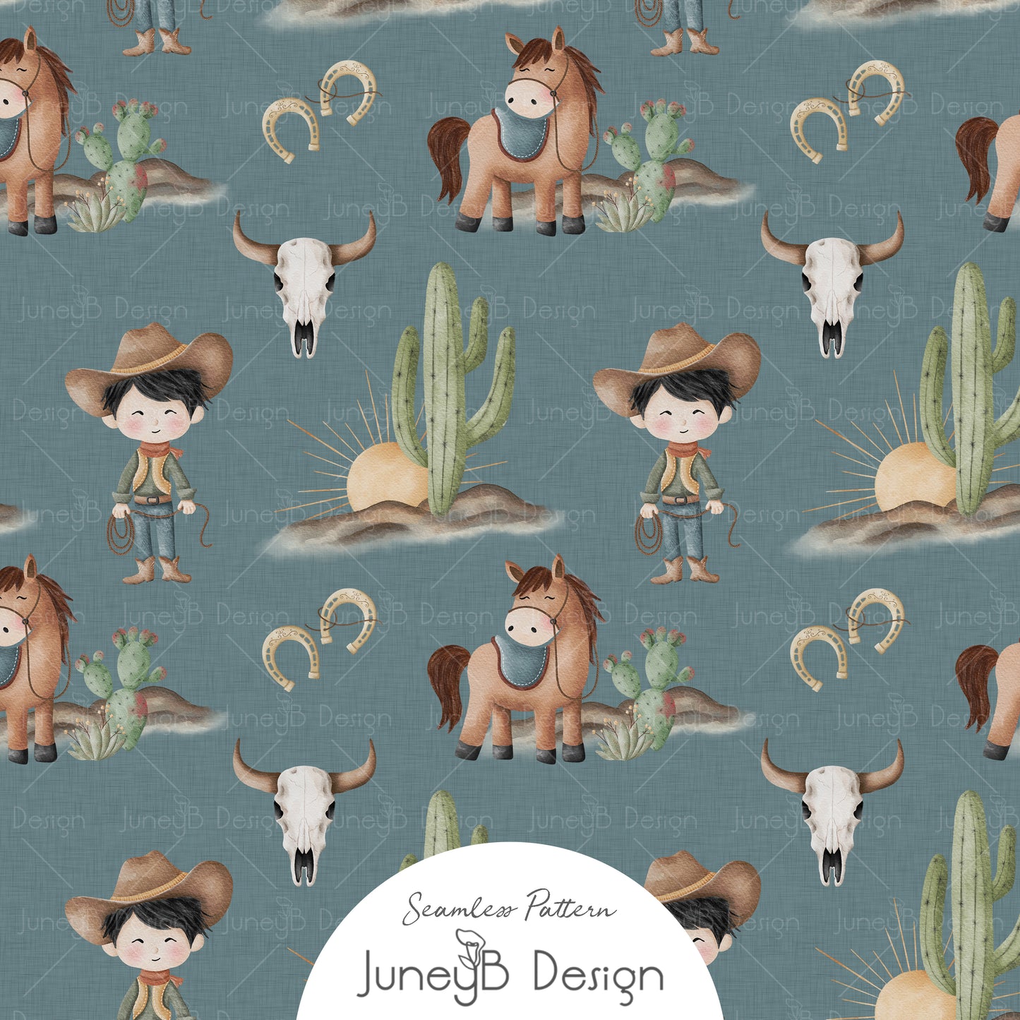 Watercolor cowboy kids seamless pattern with horses, cacti, sunbursts, steer skulls, and horseshoes on a dusty blue textured background.