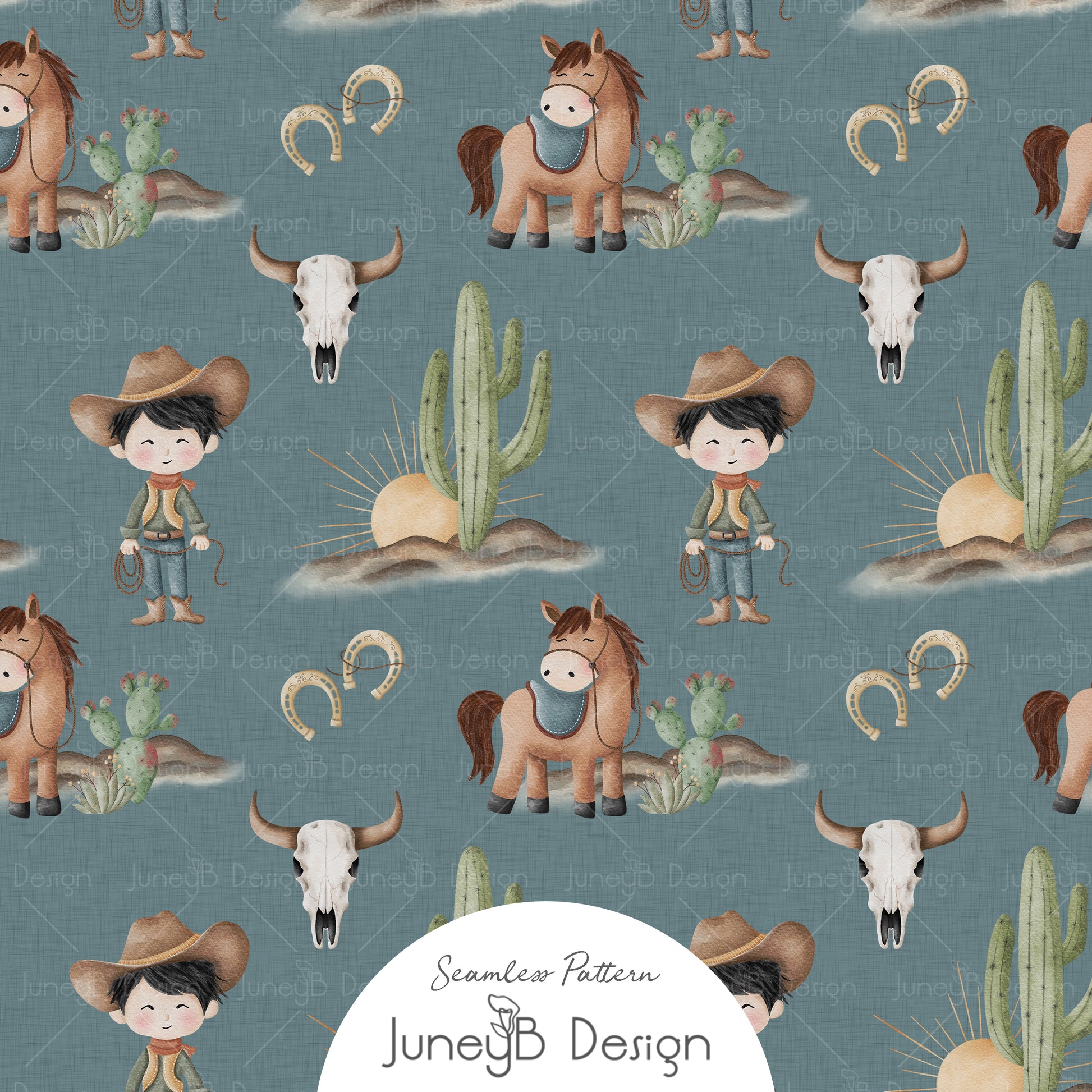 Watercolor cowboy kids seamless pattern with horses, cacti, sunbursts, steer skulls, and horseshoes on a dusty blue textured background.
