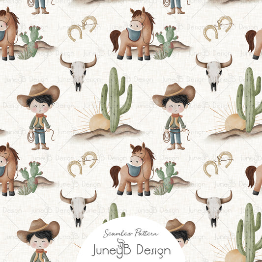 Watercolor cowboy kids seamless pattern with horses, cacti, steer skulls, sunbursts, and horseshoes on a cream textured background.